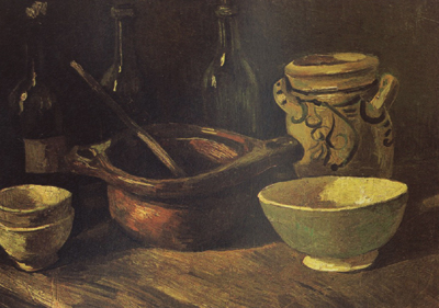 Still Life with Three Bottles and Earthenware Vessel